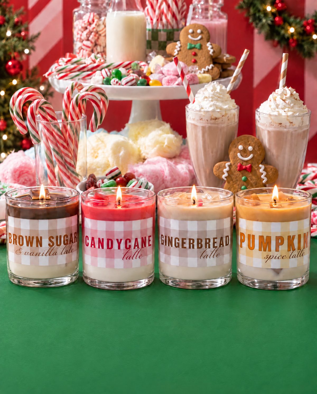 Fun festive candles in clear jars styled as candy cane and gingerbread lattes