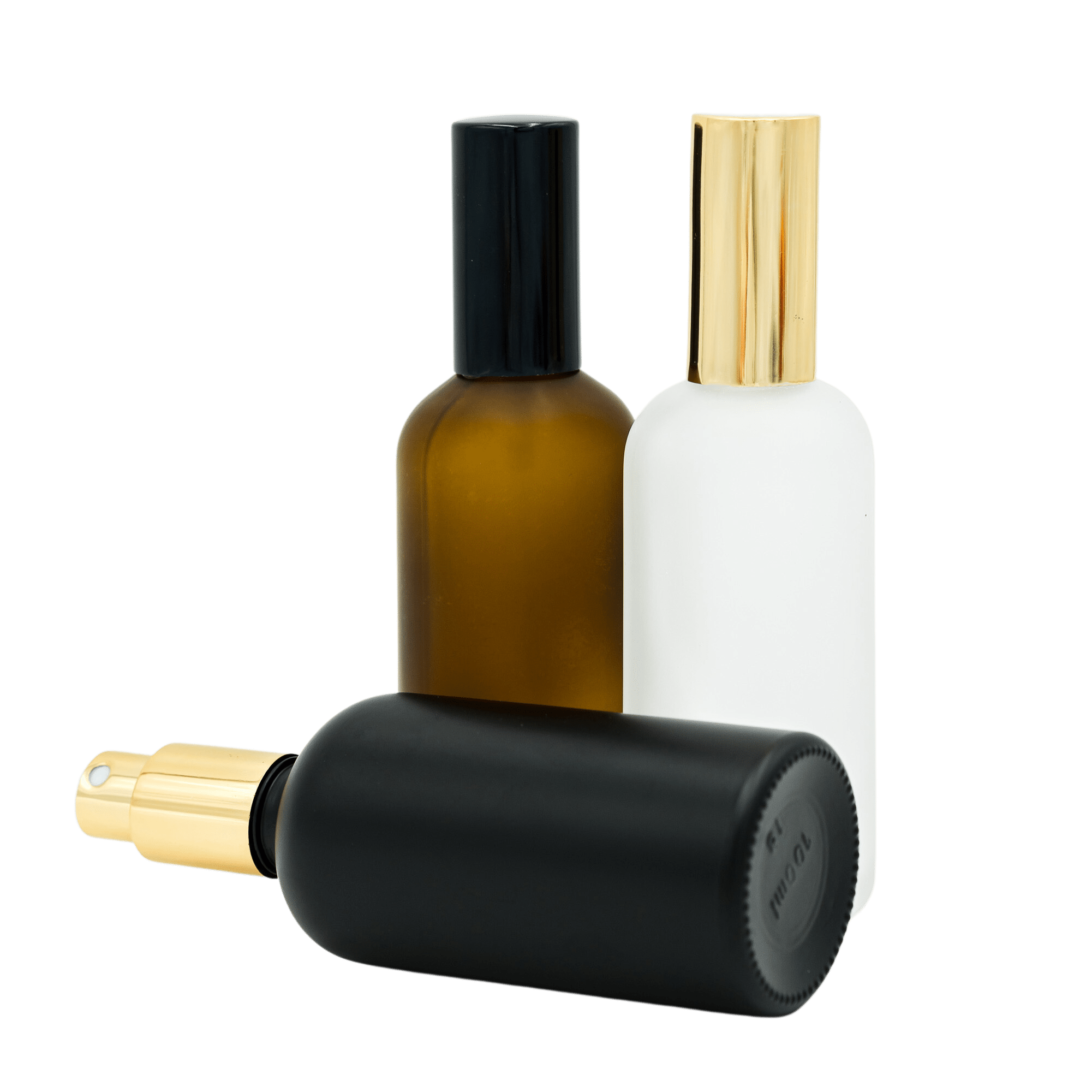 group of 100ml spray bottles in matte black, frosted & amber with gold and black mister caps