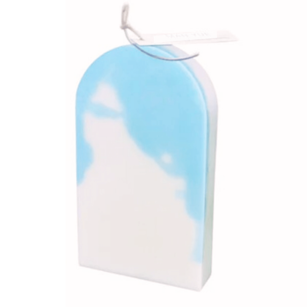 arch candle mould with blue and white wax throughout