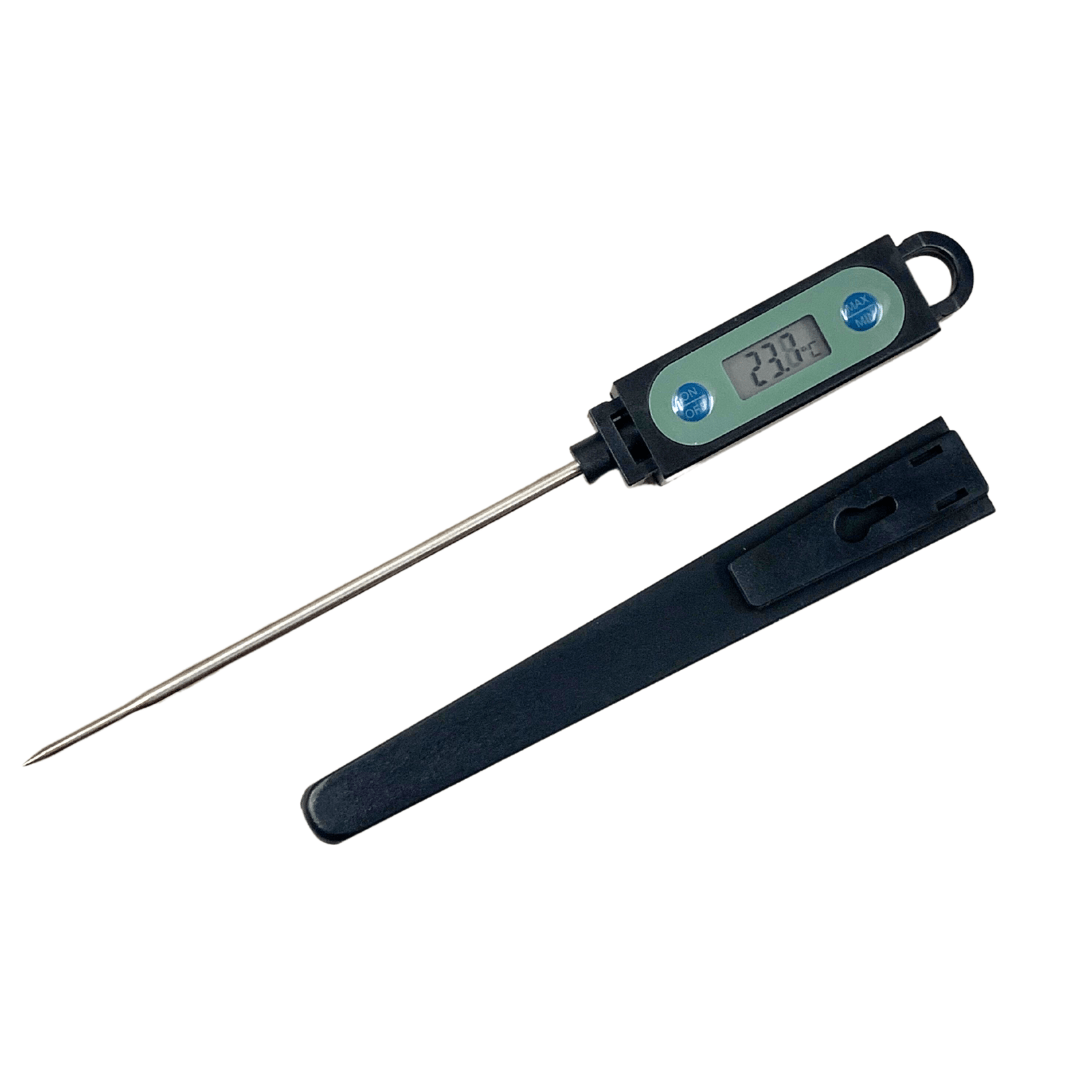 thermometer with stainless steel probe and digital temperature display