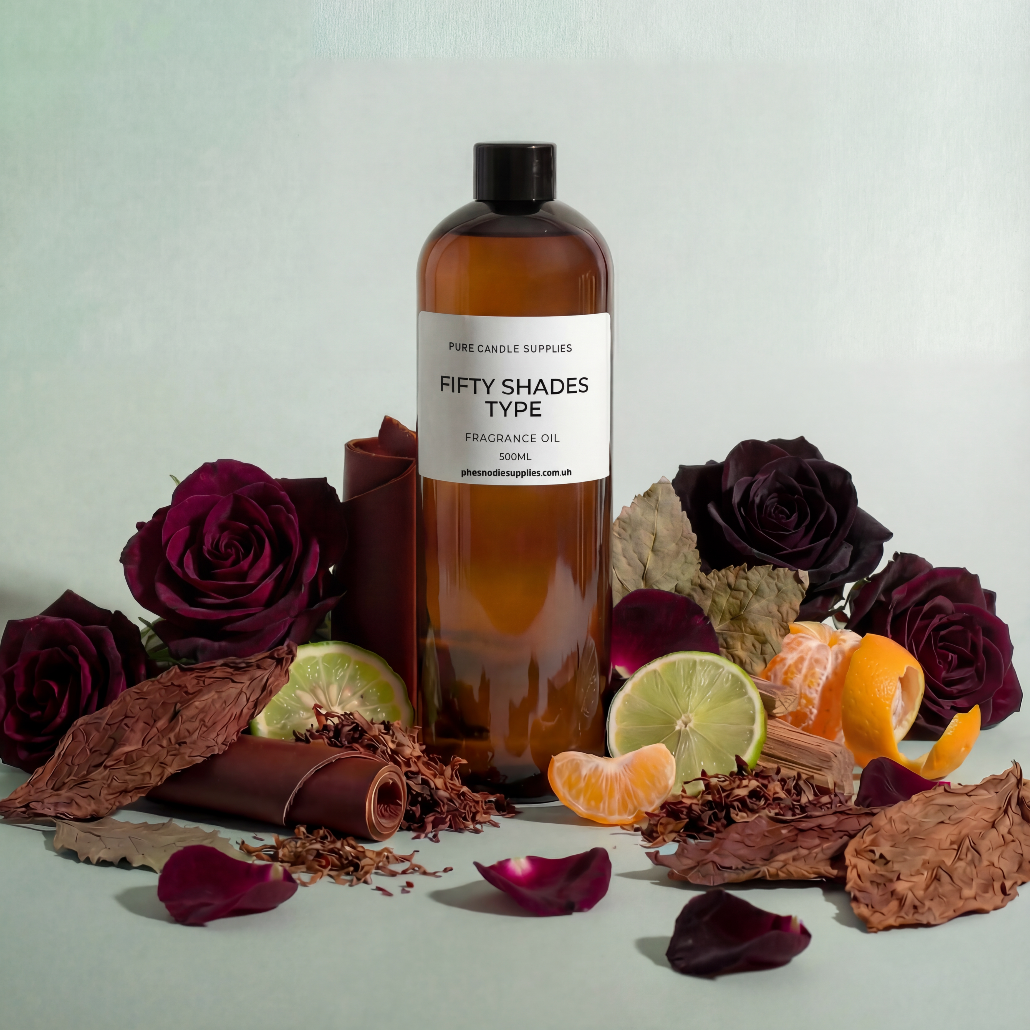 Bottle of 'Fifty Shades Type' fragrance oil with decorative elements on a light background
