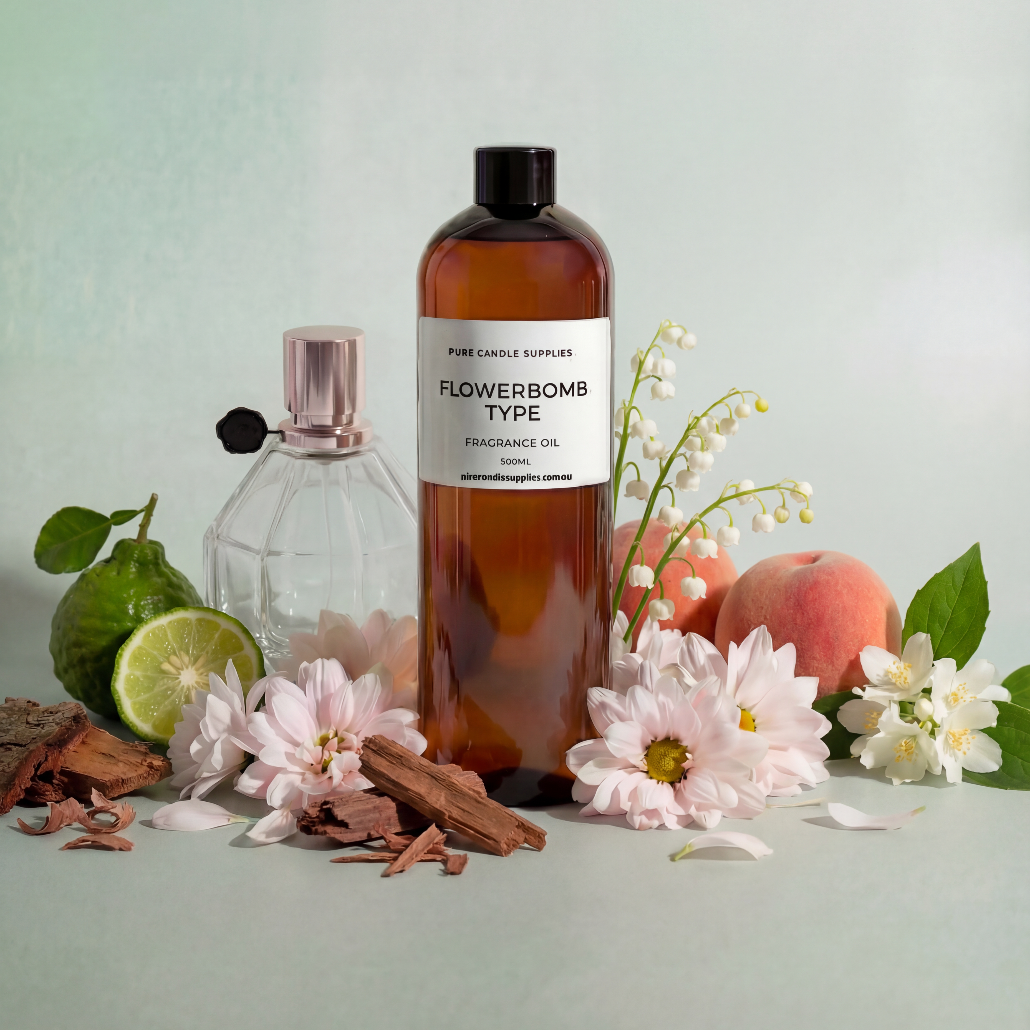 Bottle of 'Flowerbomb Type' fragrance oil with flowers and fruits on a light background