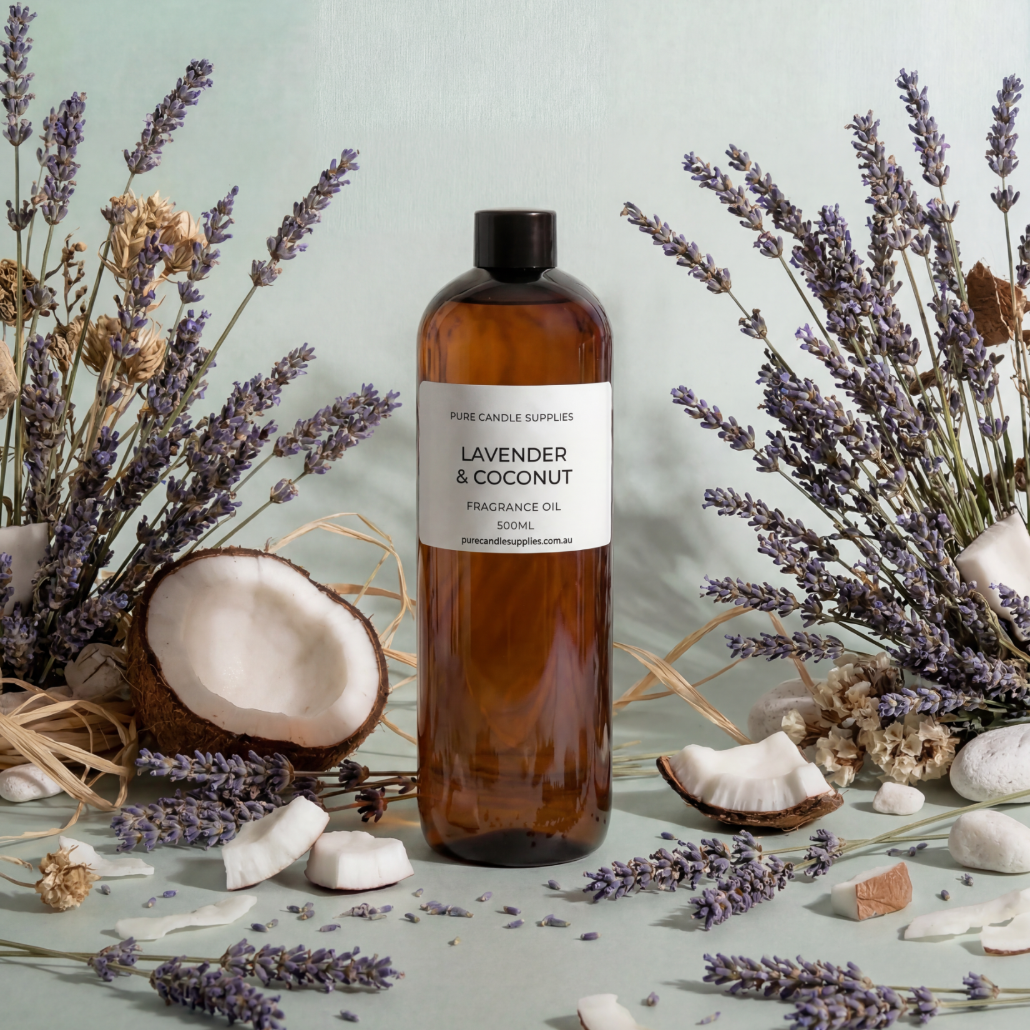 Bottle of lavender and coconut fragrance oil with lavender flowers and coconuts on a light background