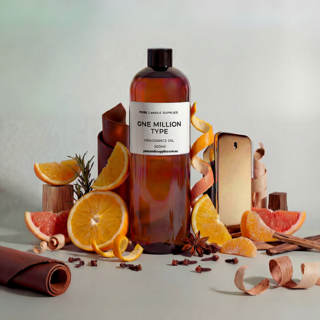 Bottle of 'One Million Type' fragrance oil with citrus fruits and cinnamon on a light background