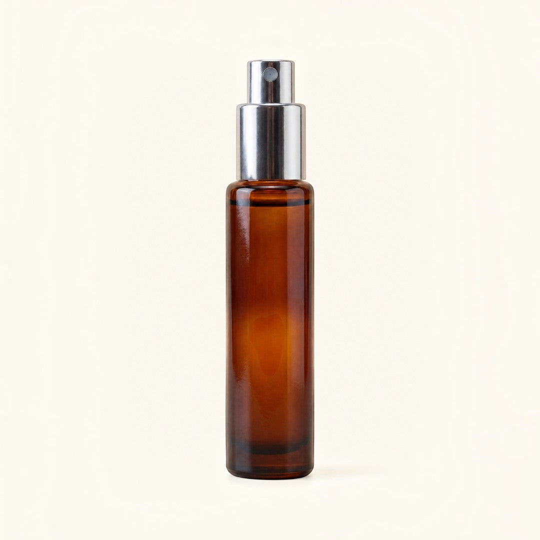 Pure Candle Supplies Melbourne 10ml amber glass cylinder perfume bottle with a silver mister spray cap