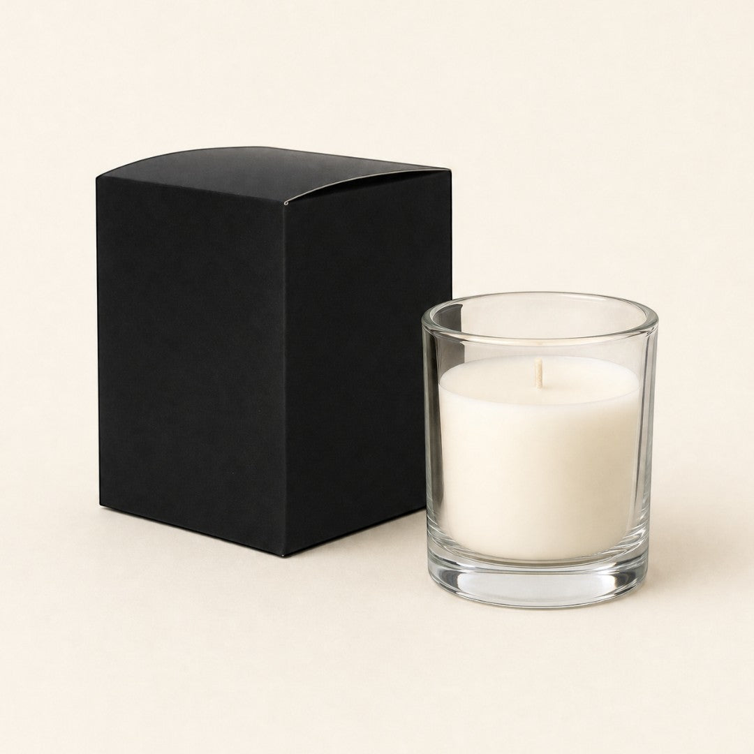 Pure Candle Supplies Melbourne medium black candle box next to a clear glass candle jar with white wax
