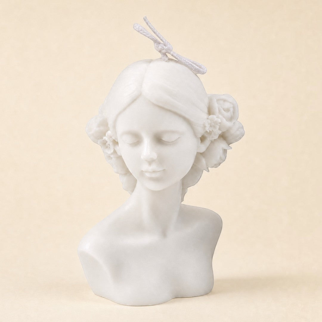 Pure Candle Supplies Melbourne female torso candle with intricate floral crown details in white wax