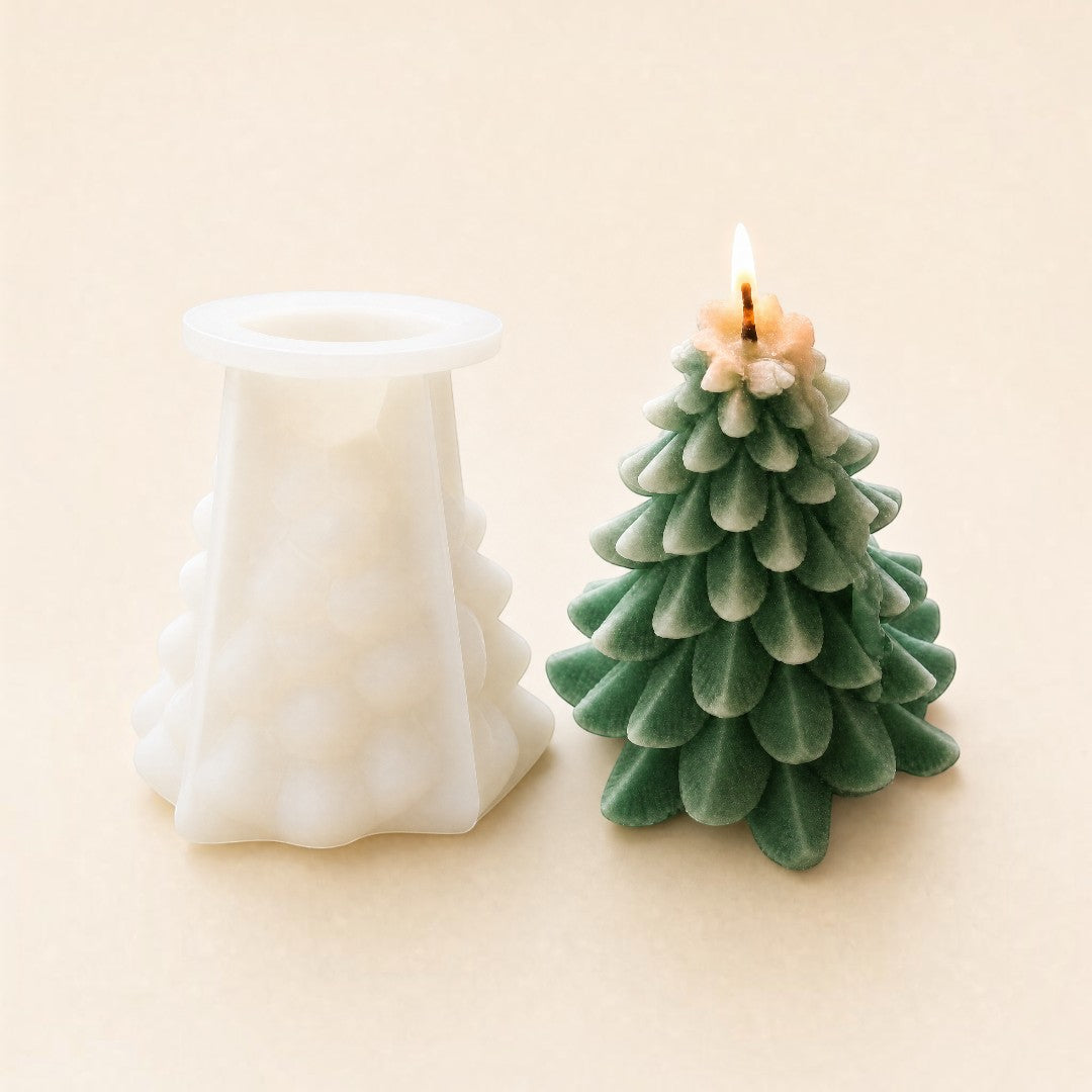 Pure Candle Supplies Melbourne flocked Christmas tree silicone mould next to a finished green tree candle