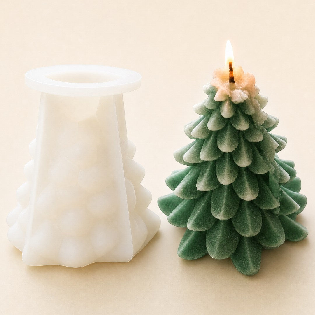 Pure Candle Supplies Melbourne flocked Christmas tree silicone candle mould next to a finished green tree candle