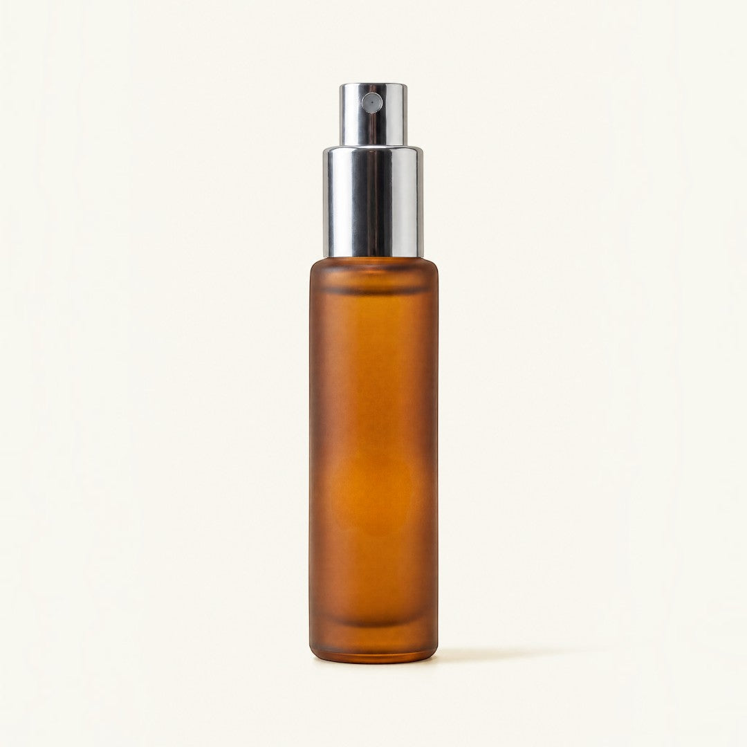 Pure Candle Supplies Melbourne 10ml frosted amber glass cylinder perfume bottle with a silver mister spray cap.