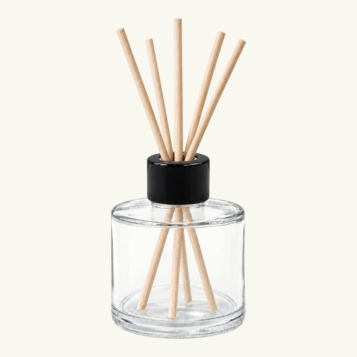 Pure Candle Supplies Melbourne gloss black screw-on diffuser cap on a clear glass vessel with wooden reed sticks
