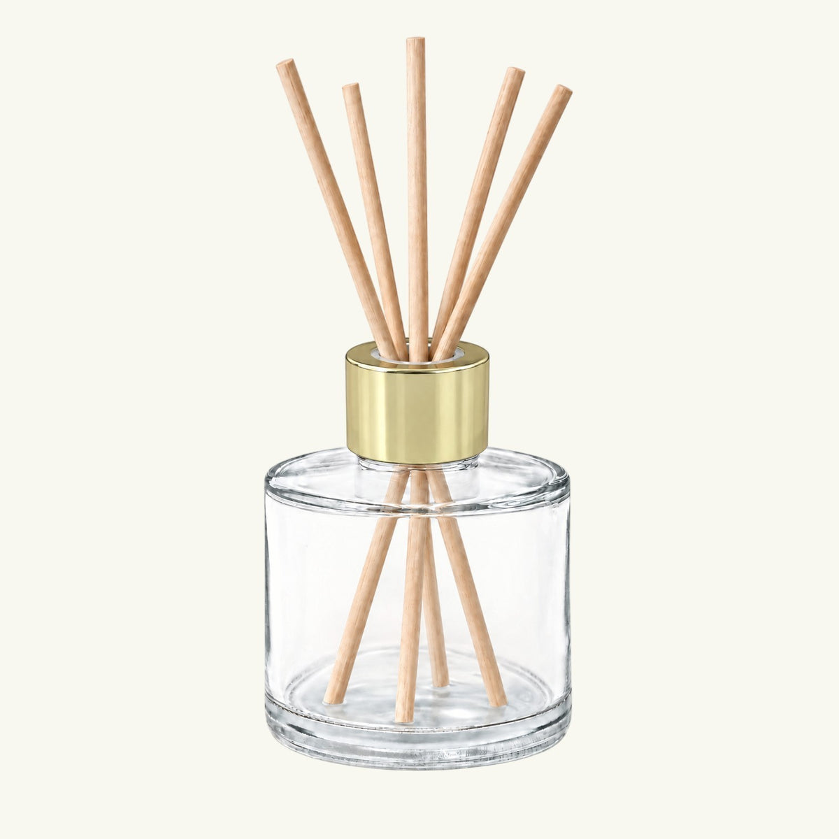 Pure Candle Supplies Melbourne gold screw-on diffuser cap on a clear glass base with wooden reed sticks