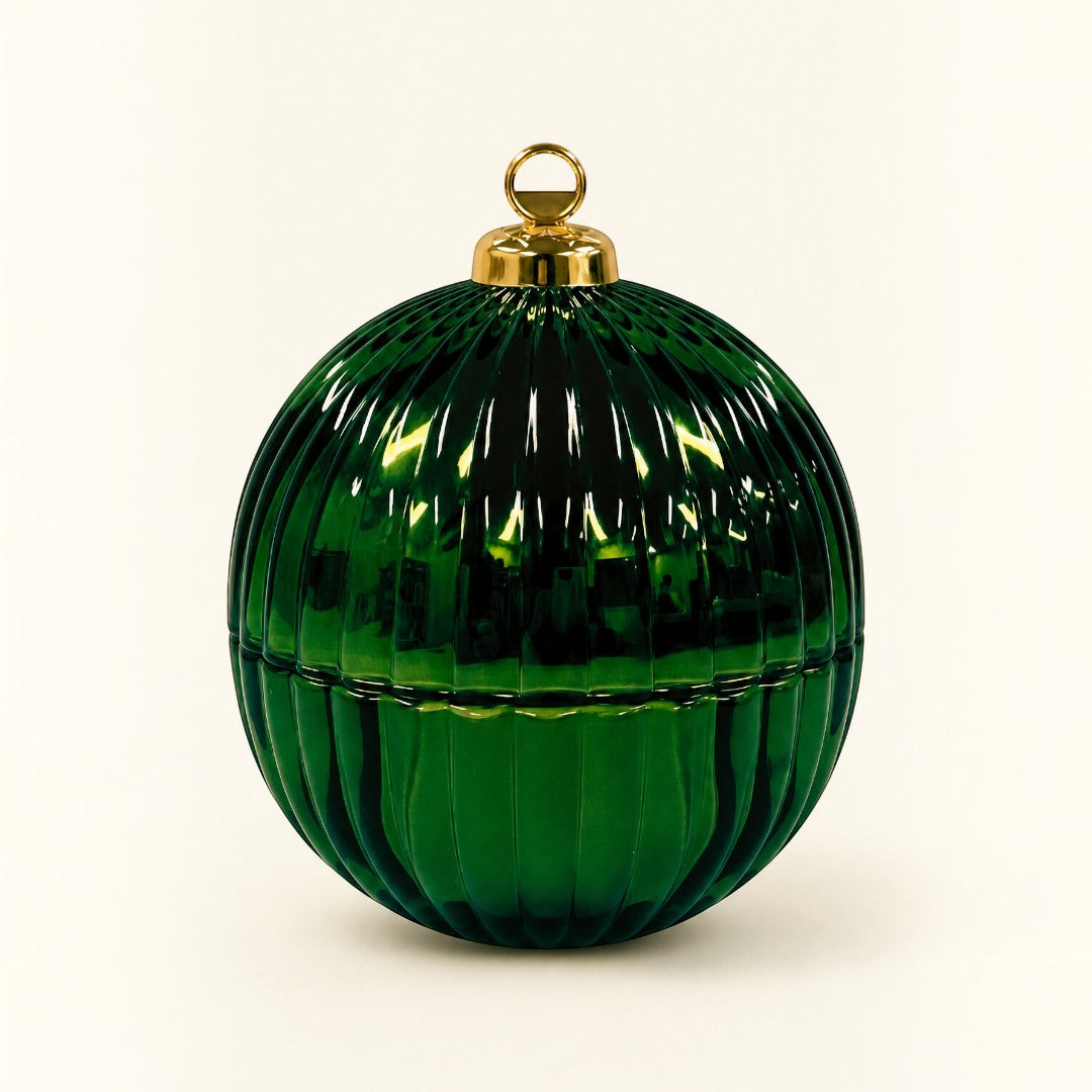 Pure Candle Supplies Melbourne green ribbed glass Christmas bauble candle jar with a gold topper.