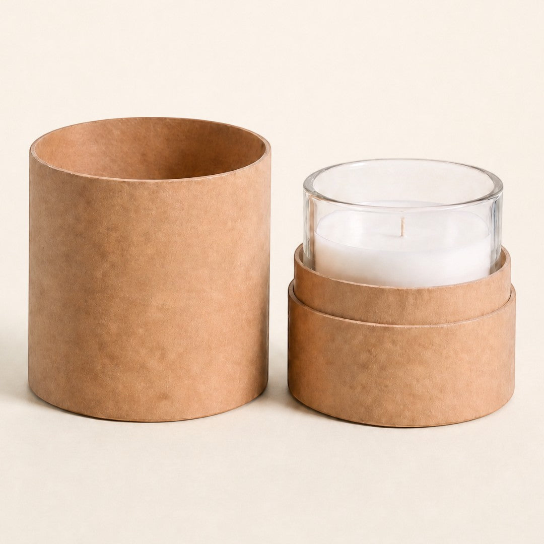 Pure Candle Supplies Melbourne large kraft paper tube packaging with a glass candle jar inside.