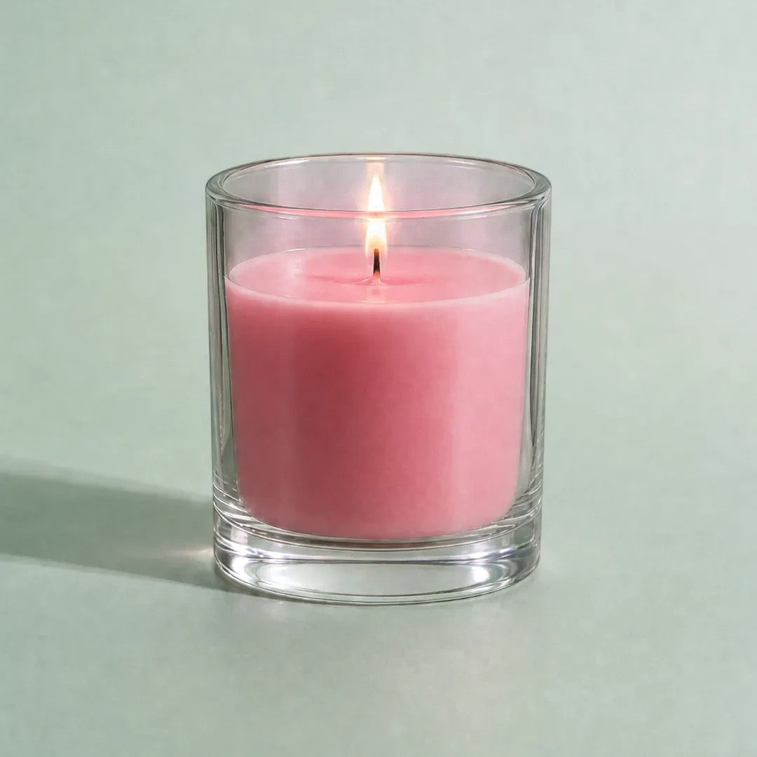 Pure Candle Supplies Melbourne light rose candle dye chip result in a glass container with a lit wick