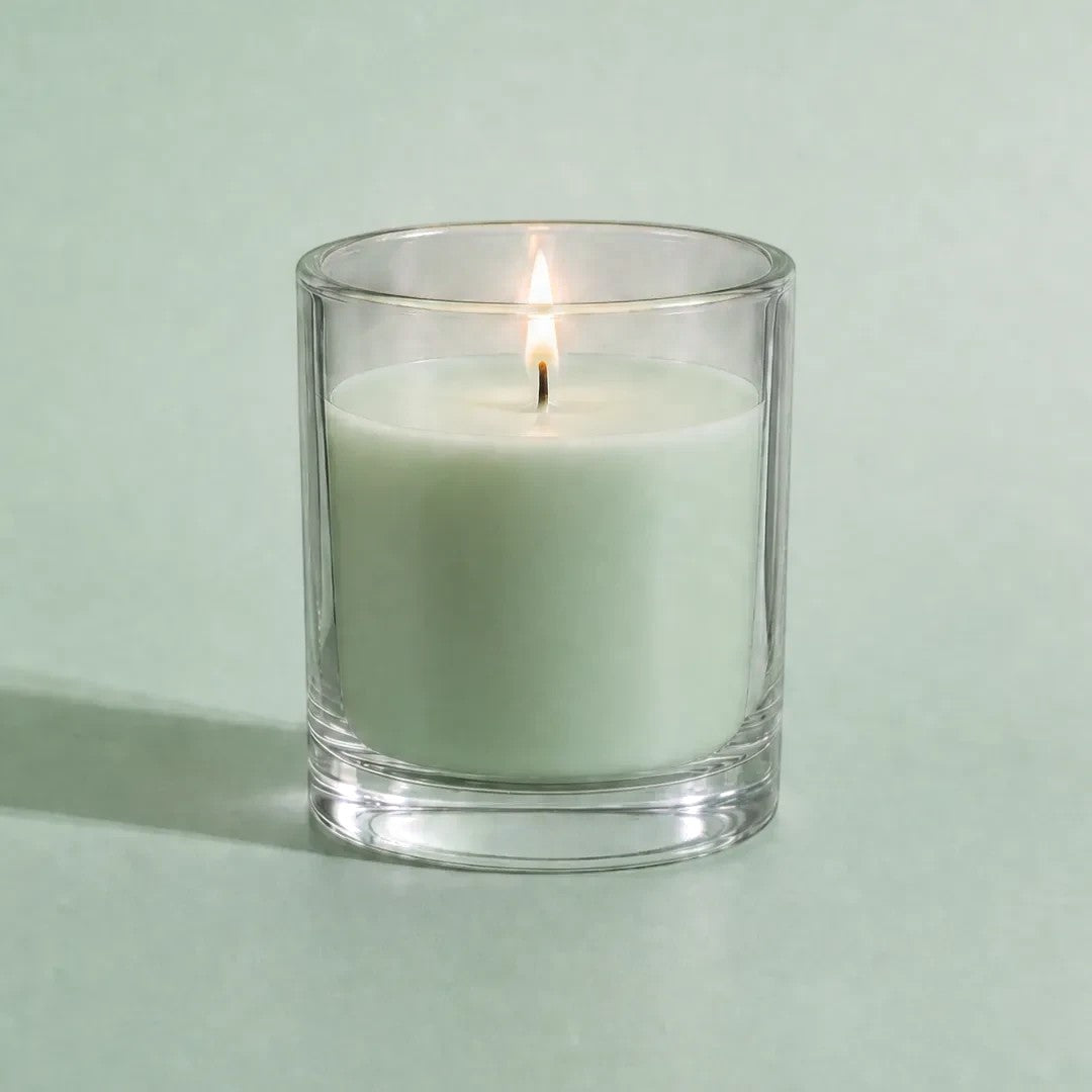 Pure Candle Supplies Melbourne pastel green candle dye chip result in a clear glass container with a lit wick