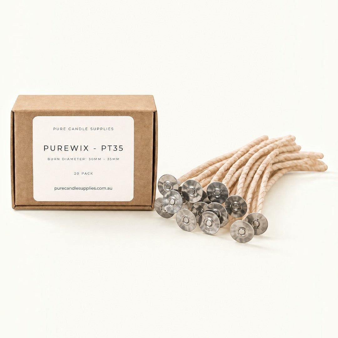 Pure Candle Supplies Melbourne PT35 flat braided candle wicks with metal tabs and recyclable 20-pack box