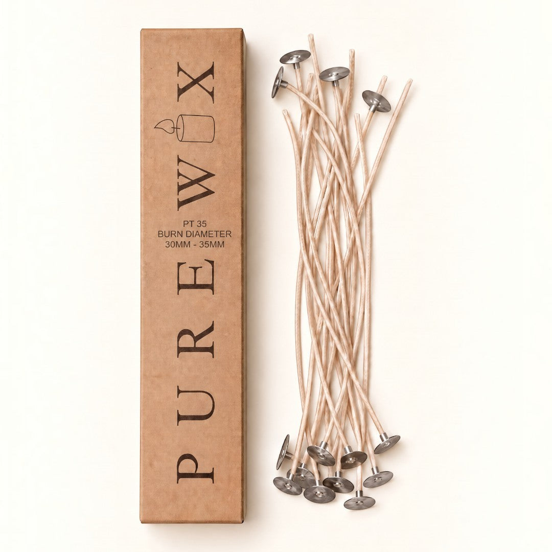 Pure Candle Supplies Melbourne PT35 flat braided cotton candle wicks with metal tabs in a branded cardboard box