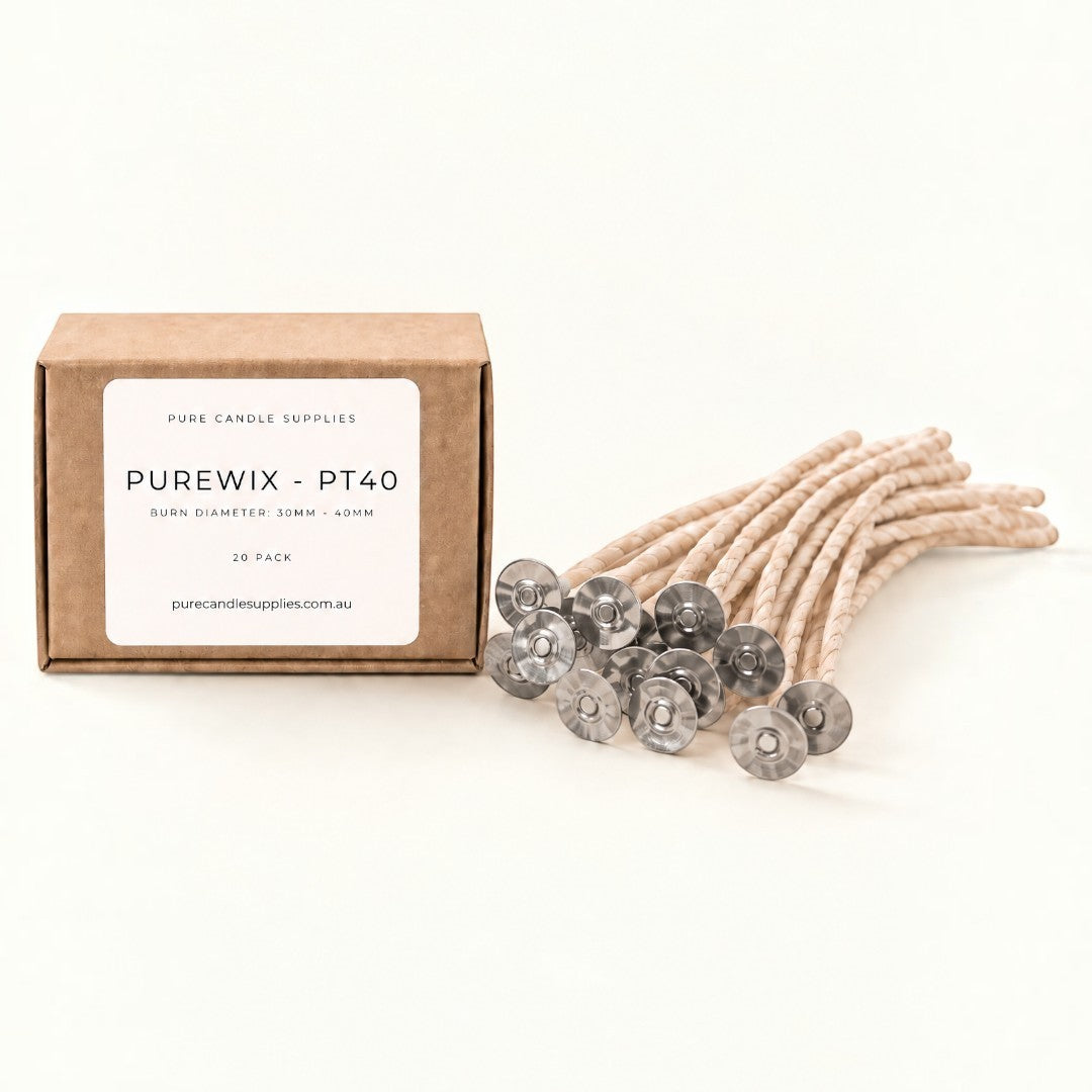 Pure Candle Supplies Melbourne PT40 flat braided candle wicks with metal tabs and branded recyclable packaging box.