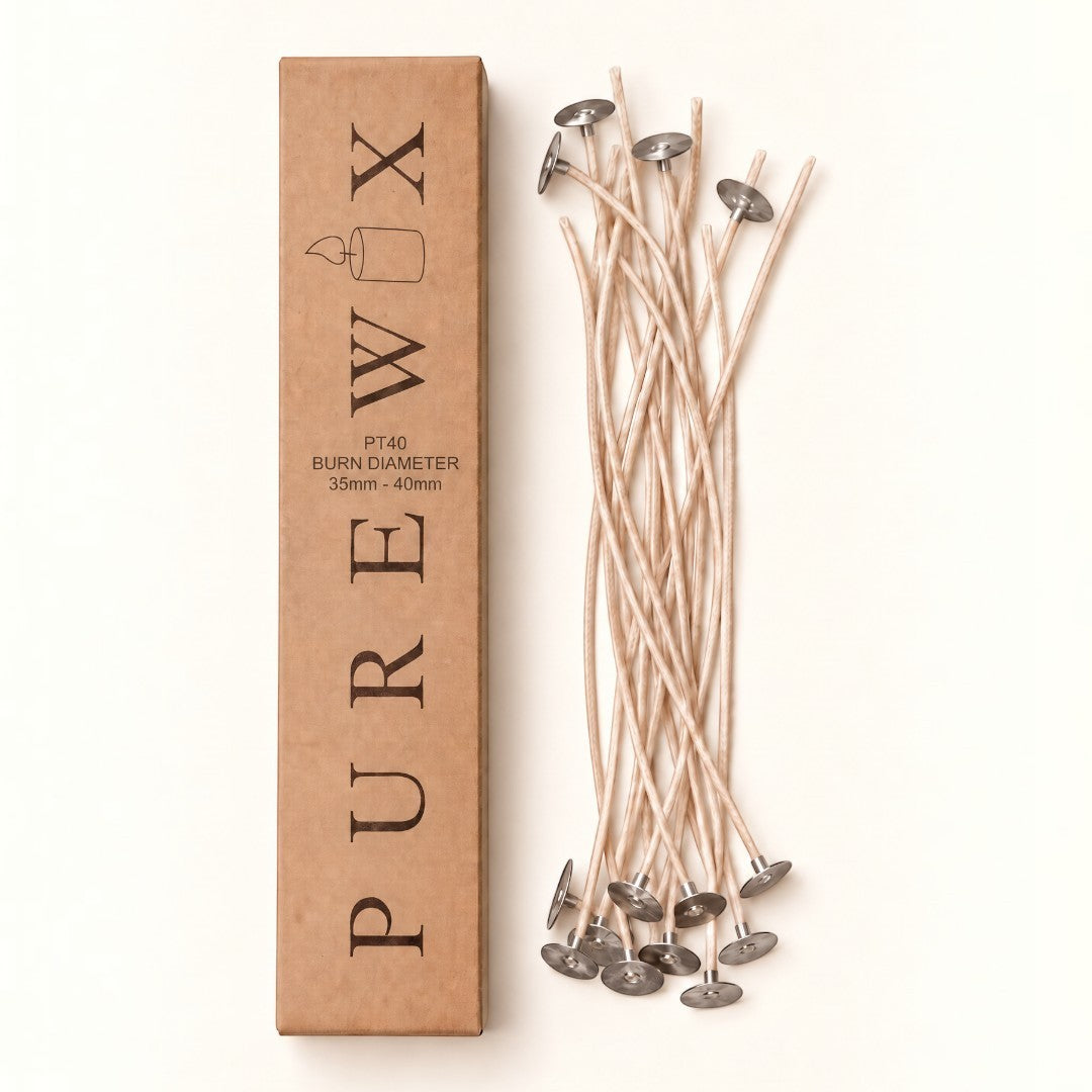 Pure Candle Supplies Melbourne PT40 flat braided candle wicks with metal tabs and branded recyclable packaging box