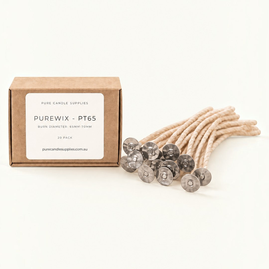 Pure Candle Supplies Melbourne PT65 flat braided candle wicks with metal tabs and recyclable packaging box.