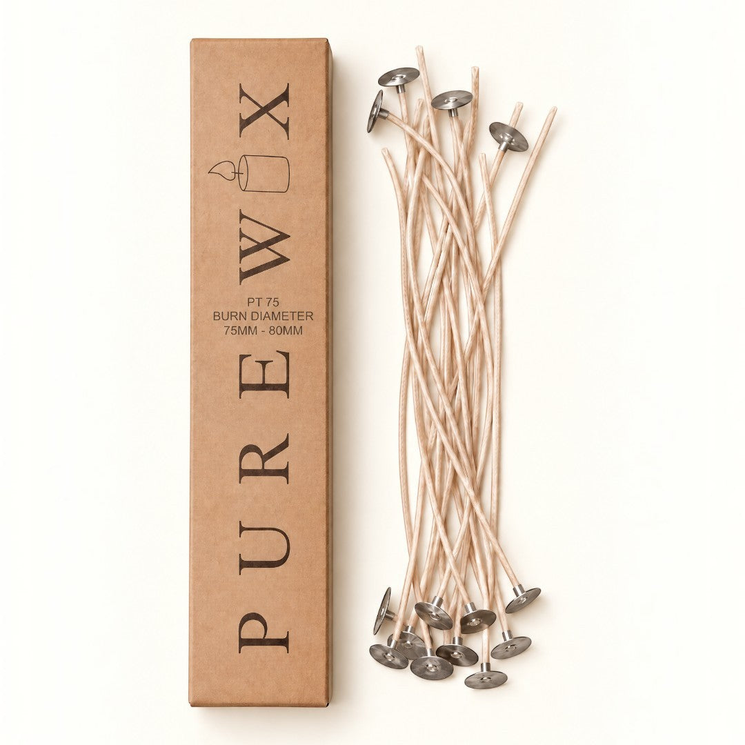 Pure Candle Supplies Melbourne PureWix PT75 flat braided cotton candle wicks with metal tabs in a brown box