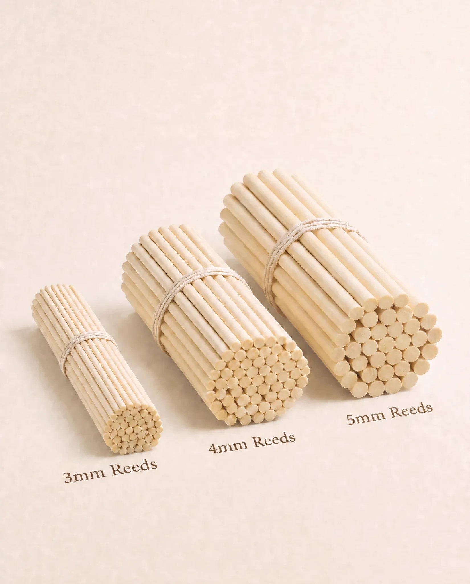 Pure Candle Supplies Melbourne natural rattan reed diffuser sticks in 3mm, 4mm, and 5mm thickness bundles