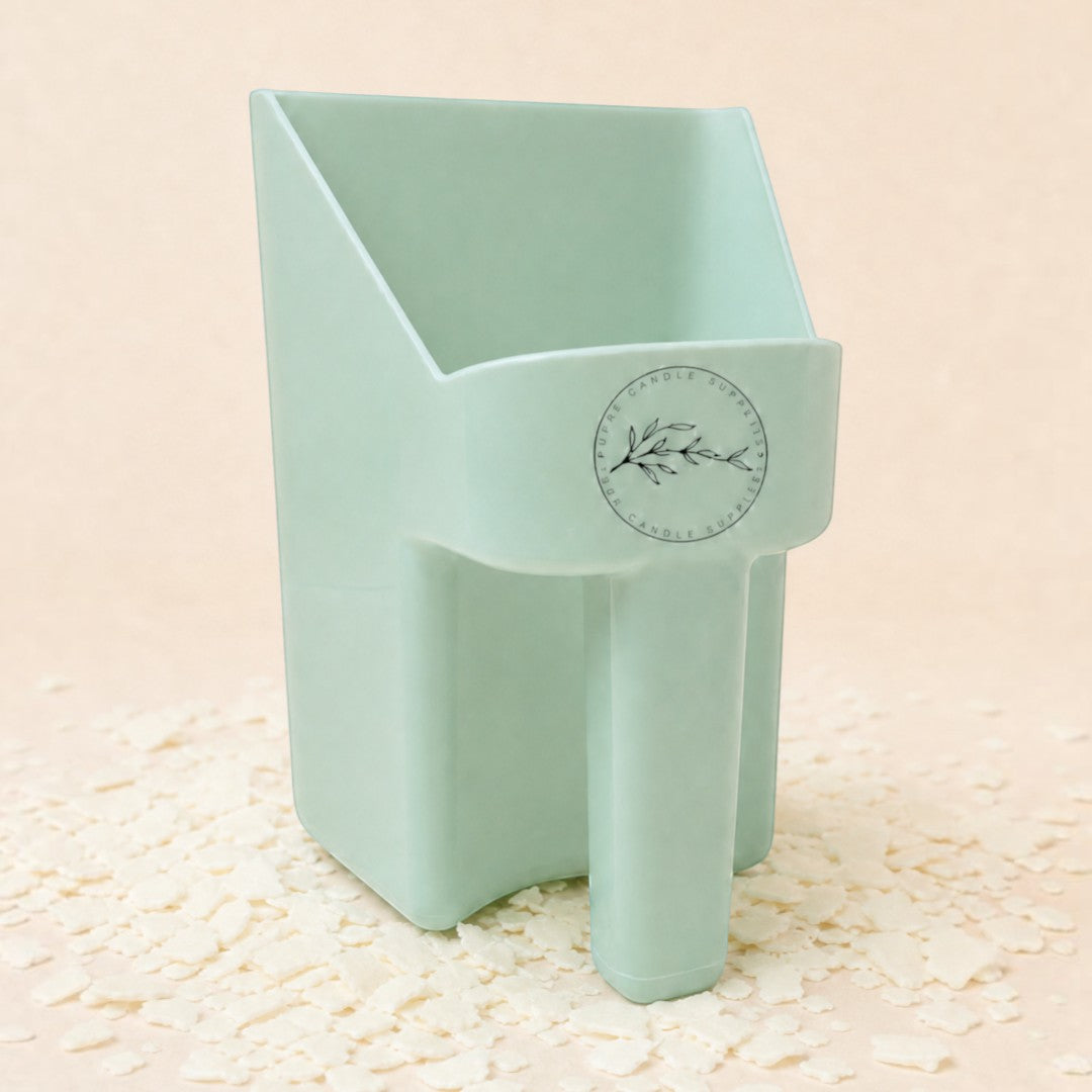 Pure Candle Supplies Melbourne sage green wax scoop for measuring candle wax, featuring a durable ergonomic handle.