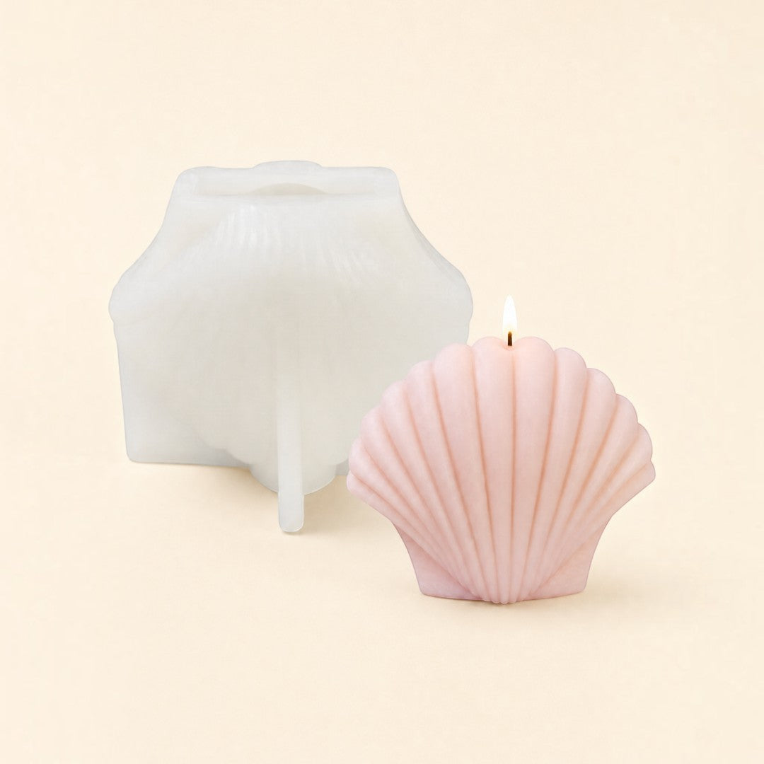 Pure Candle Supplies Melbourne scallop shell silicone candle mould next to a finished pale pink shell candle