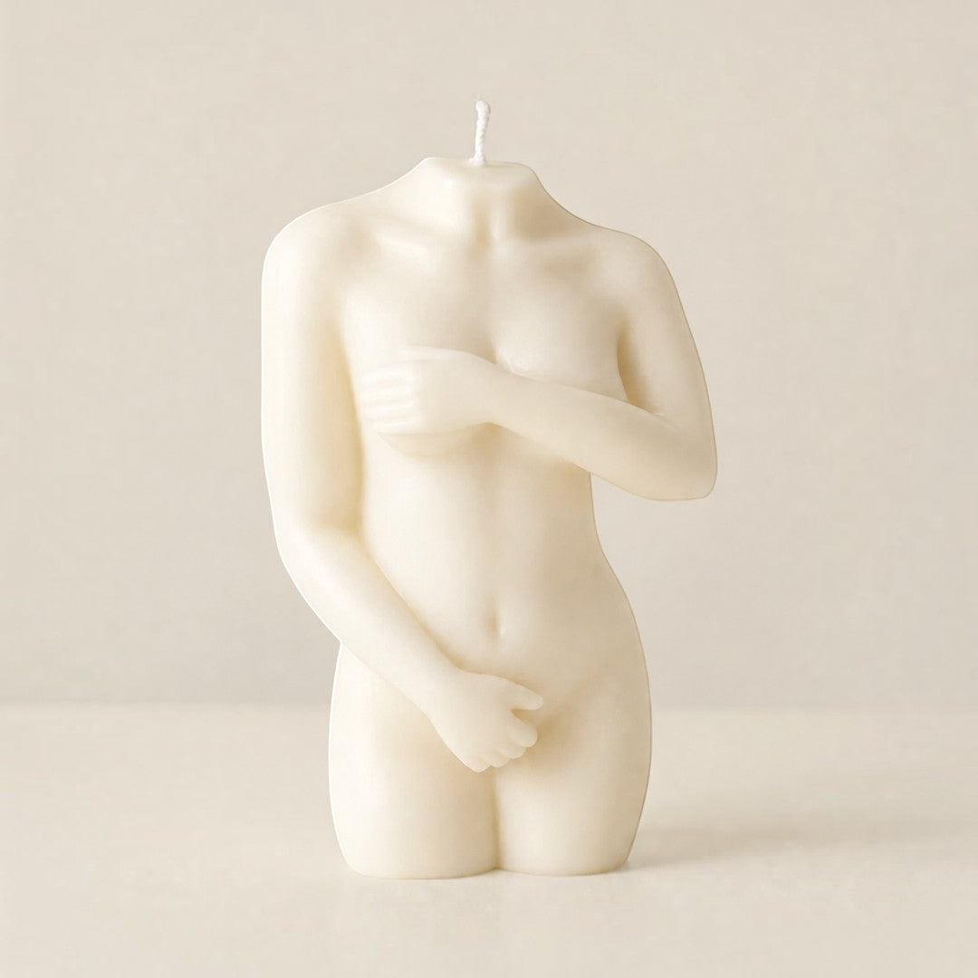 Pure Candle Supplies Melbourne shy girl female form candle in off-white wax with a minimalist aesthetic
