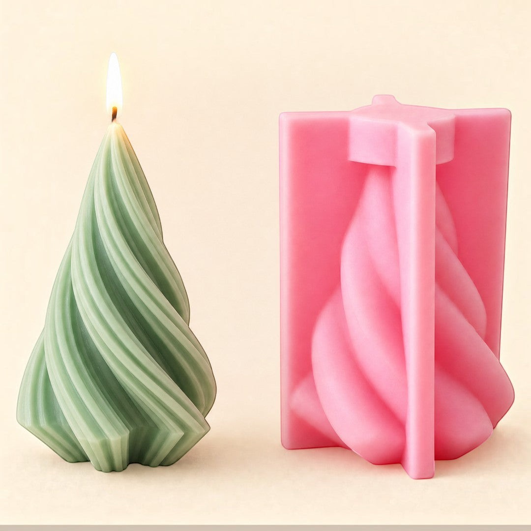 Pure Candle Supplies Melbourne spiral Christmas tree silicone mould next to a finished green spiral tree candle
