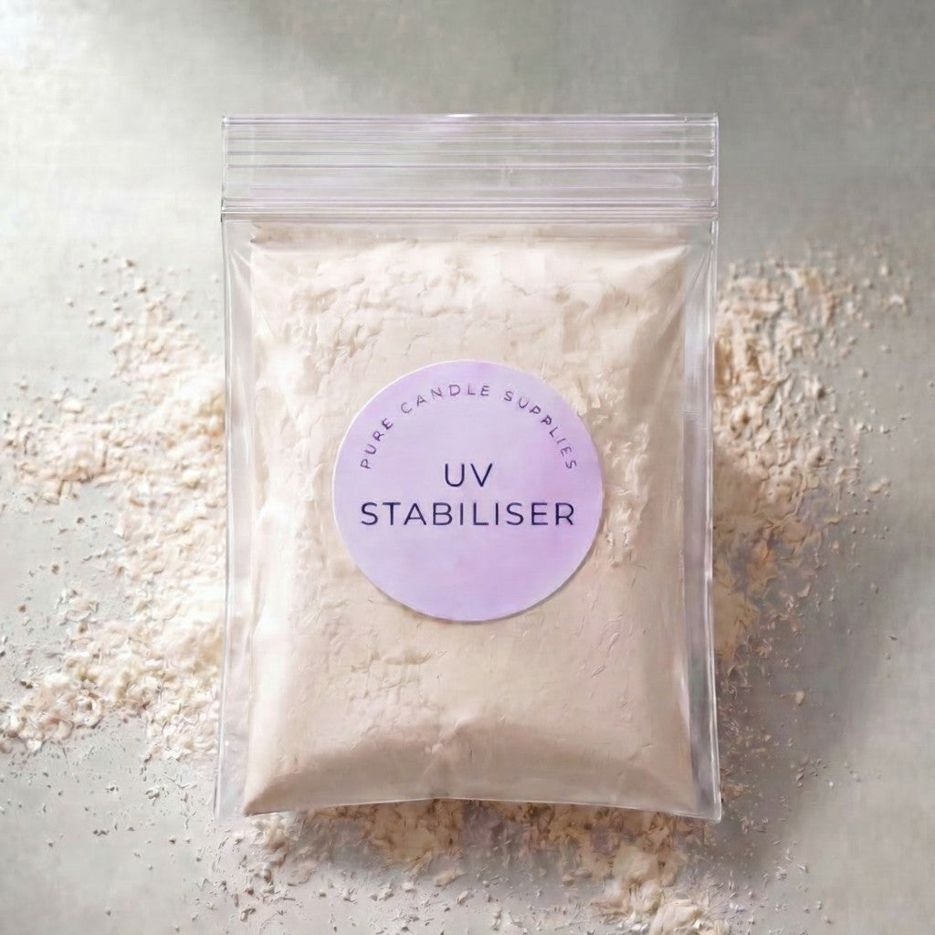 Pure Candle Supplies Melbourne UV Stabiliser powder in a clear resealable bag for protecting candle wax from light