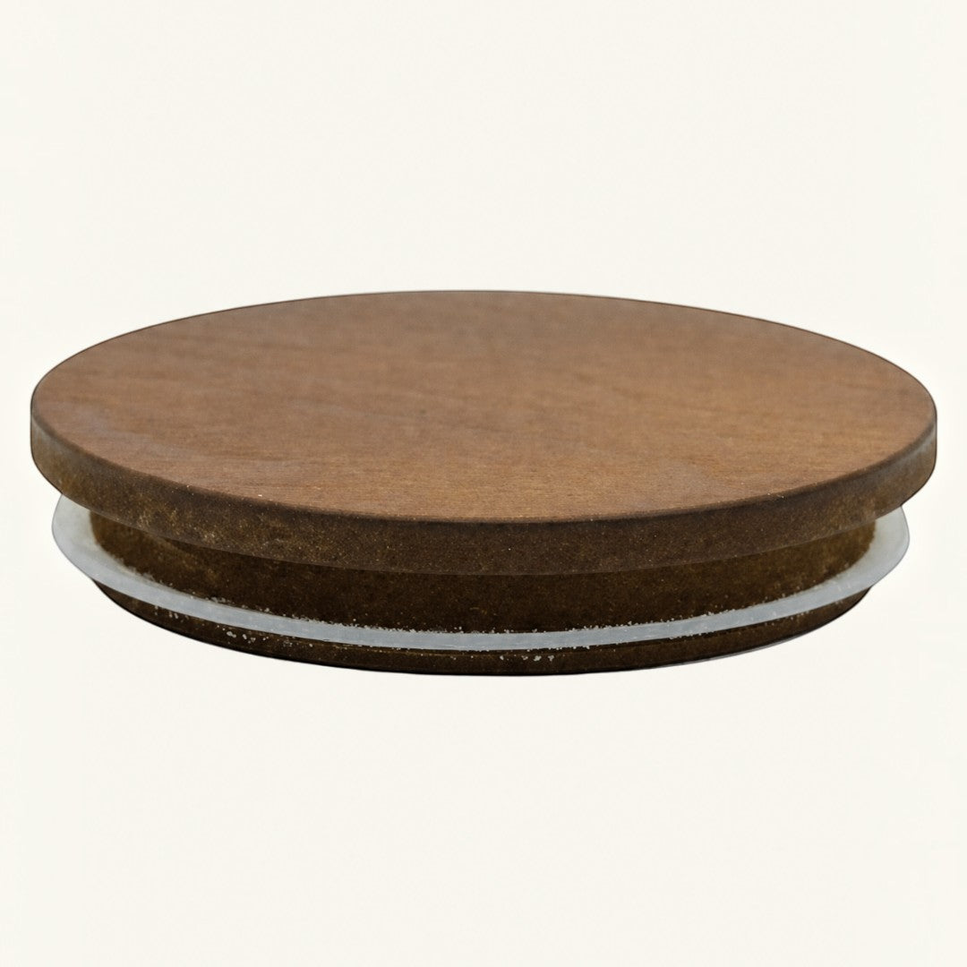 Pure Candle Supplies Melbourne extra large walnut timber candle lid with a grained finish and silicone seal.