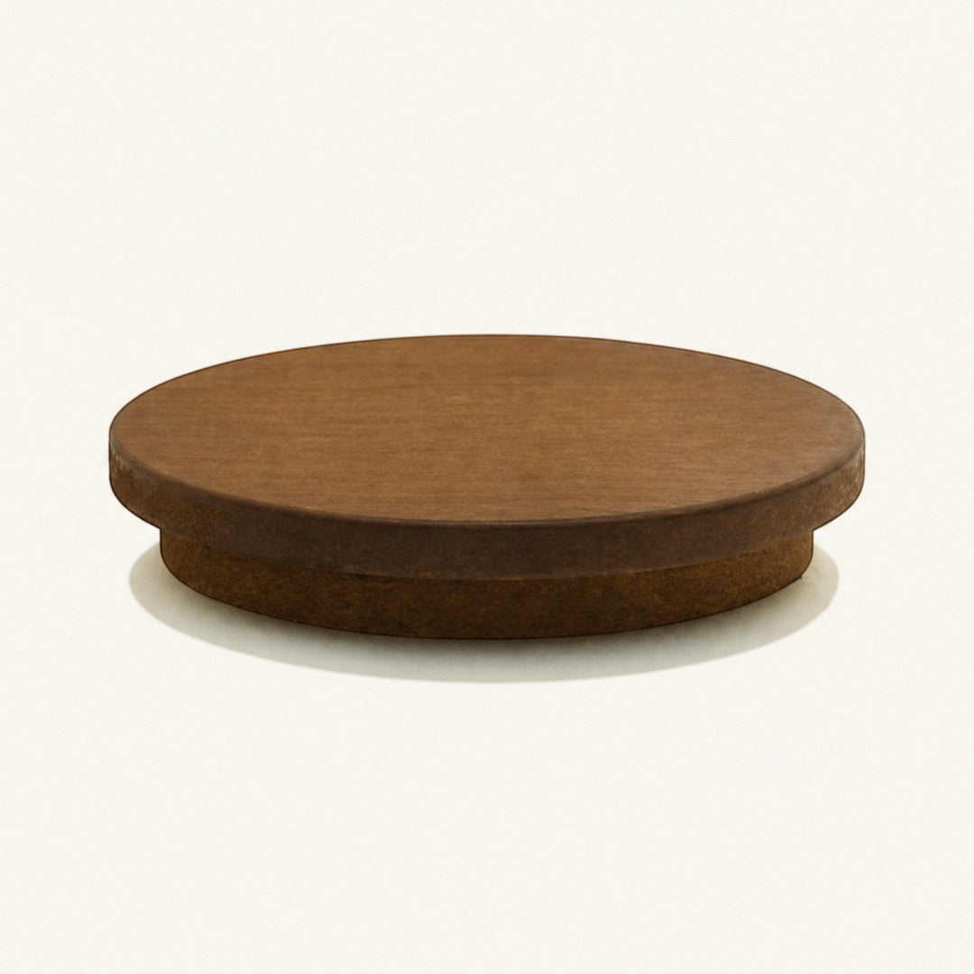 Pure Candle Supplies Melbourne medium walnut timber lid for candle jars with a 6mm thickness and smooth finish.
