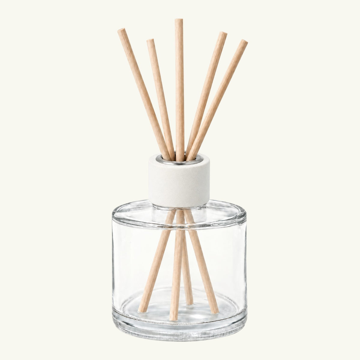Pure Candle Supplies Melbourne white beechwood diffuser cap on a clear glass vessel with wooden reed sticks