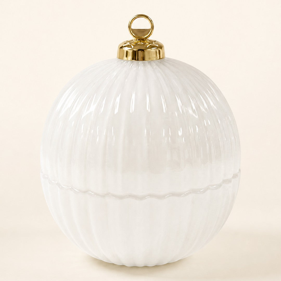 Pure Candle Supplies Melbourne white ribbed glass Christmas bauble candle jar with a gold metallic topper