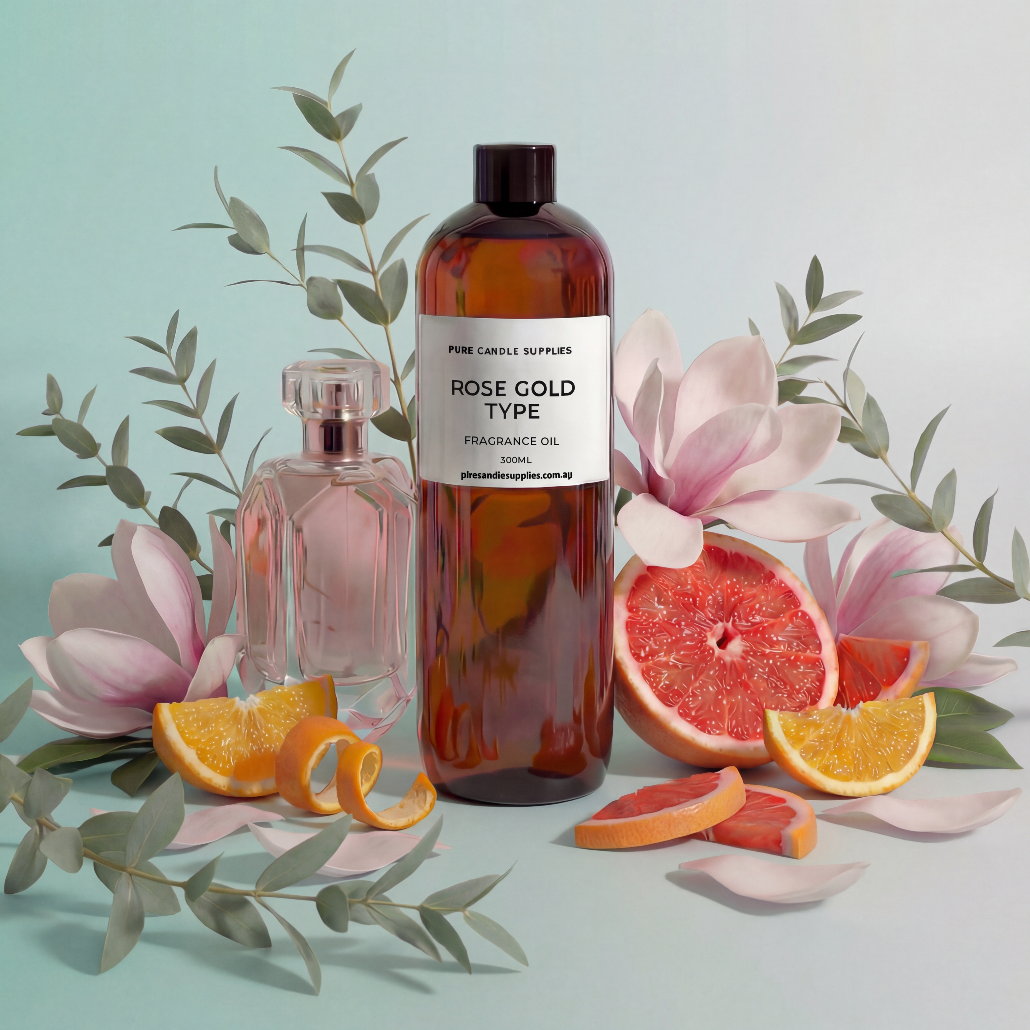 Bottle of 'Rose Gold Type' fragrance oil with flowers and fruits on a light blue background