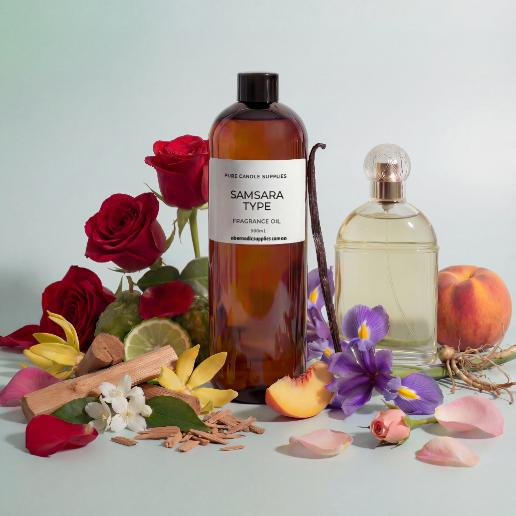 Two perfume bottles with flowers, fruits, and spices on a light background