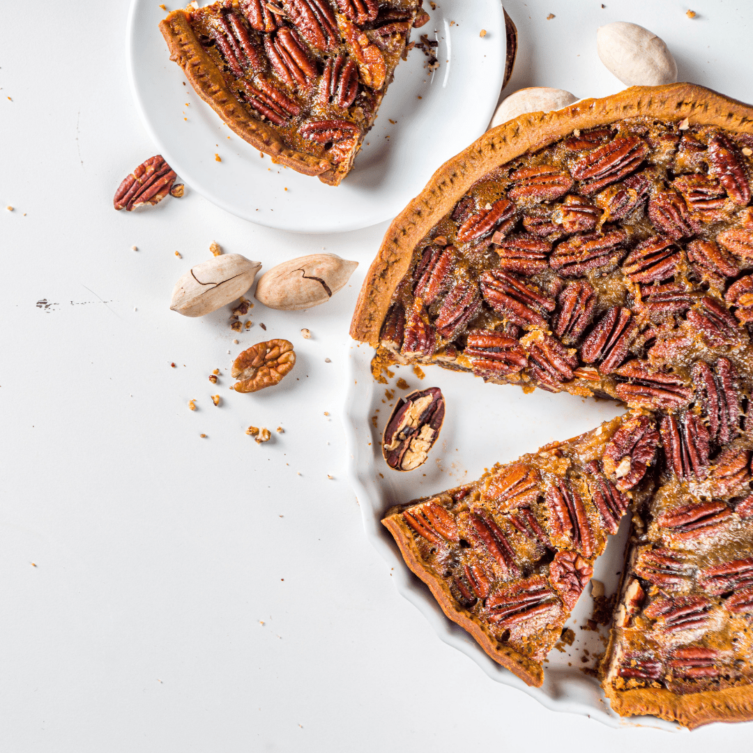 pie with biscuit base, butterscotch filing and toasted pecans on top