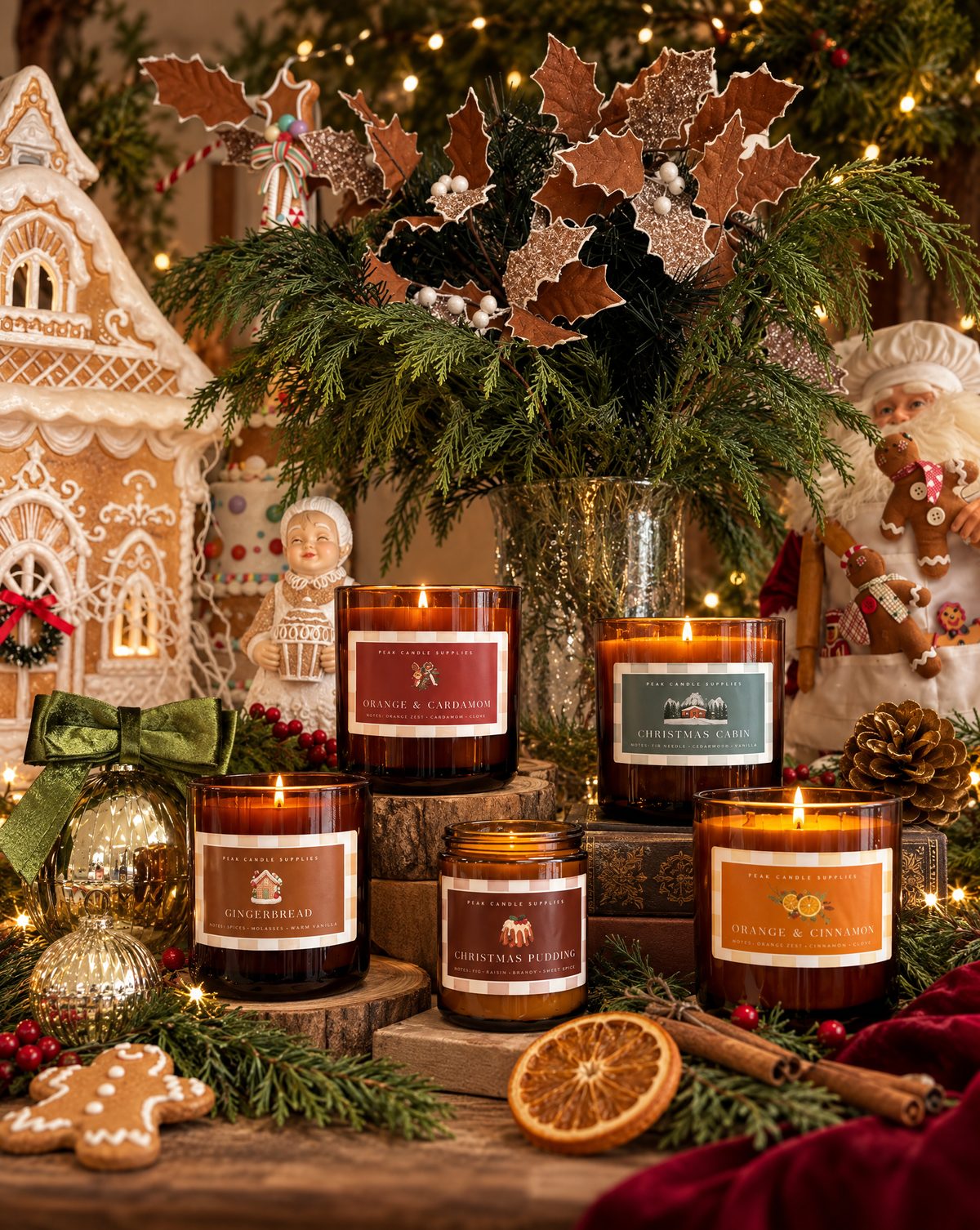 Rustic farmhouse Christmas candles in amber jars with gingerbread and pine