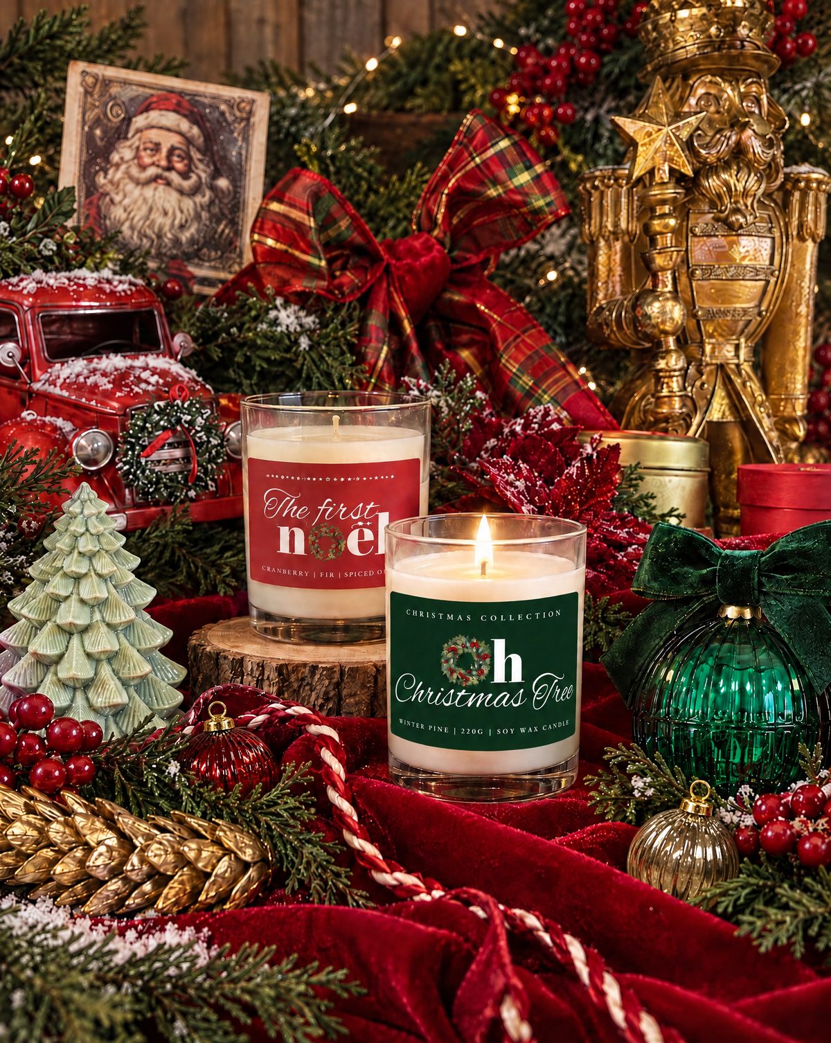 Traditional Christmas candles in white and frosted jars with red and green decorations