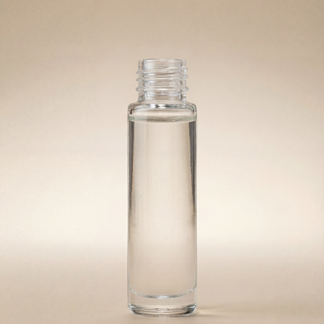 Clear glass bottle with a beige background