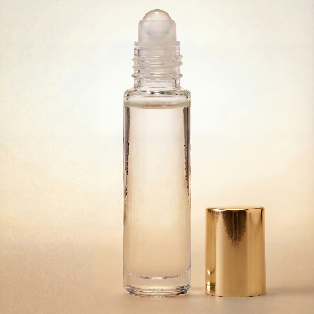 Clear glass rollerball bottle with gold cap on a beige background