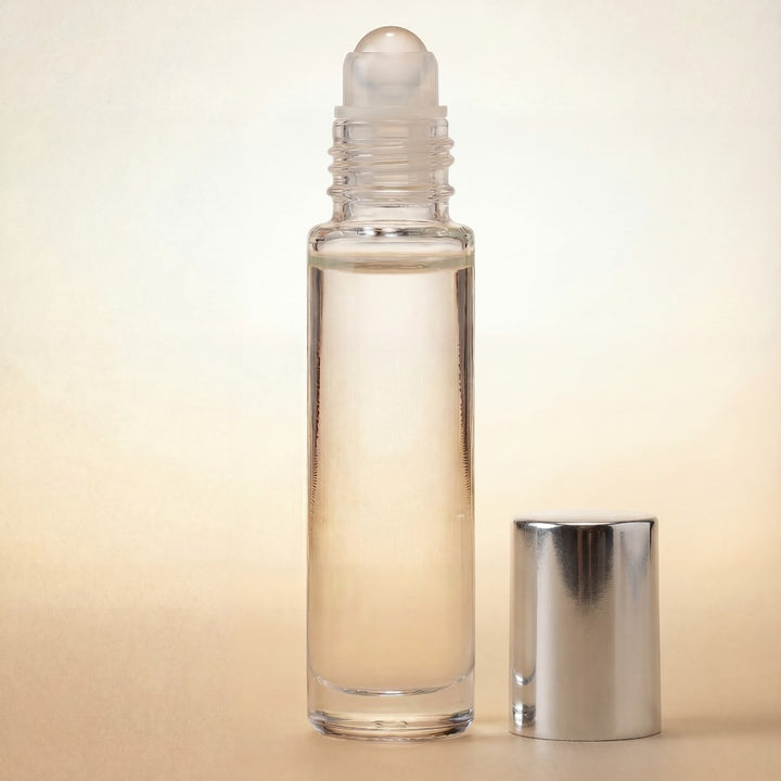 Clear glass rollerball bottle with silver cap on a beige background