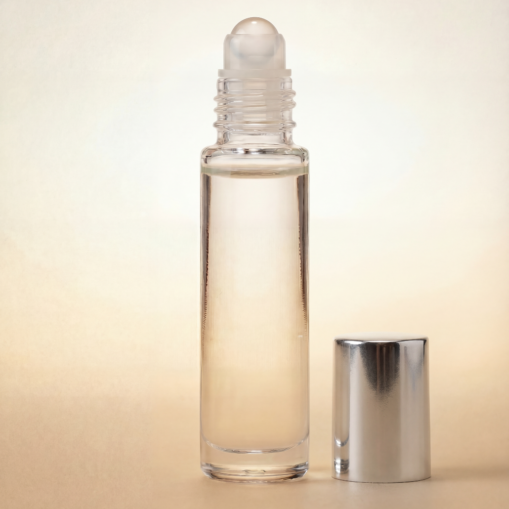 Clear glass rollerball bottle with silver cap on a beige background