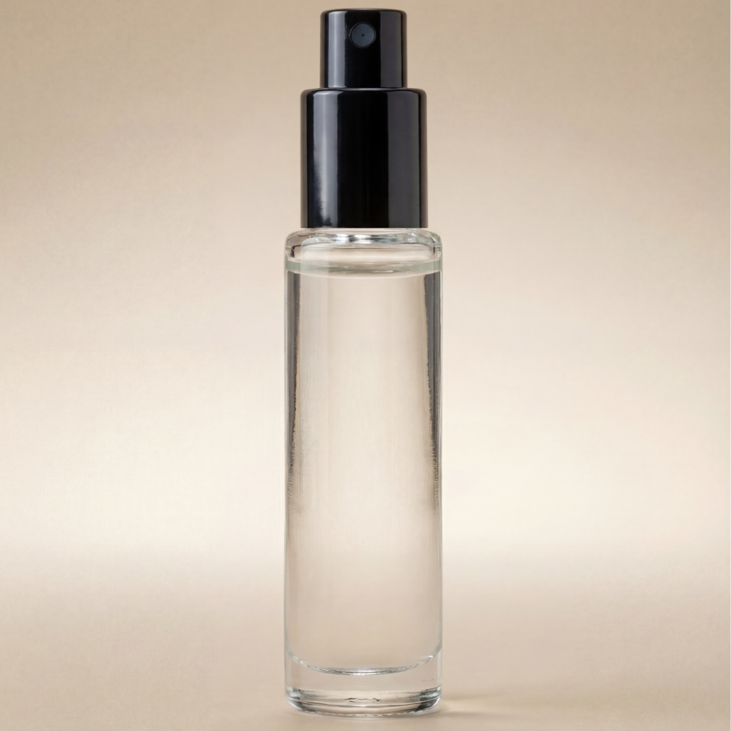 Clear spray bottle with black nozzle on a beige background