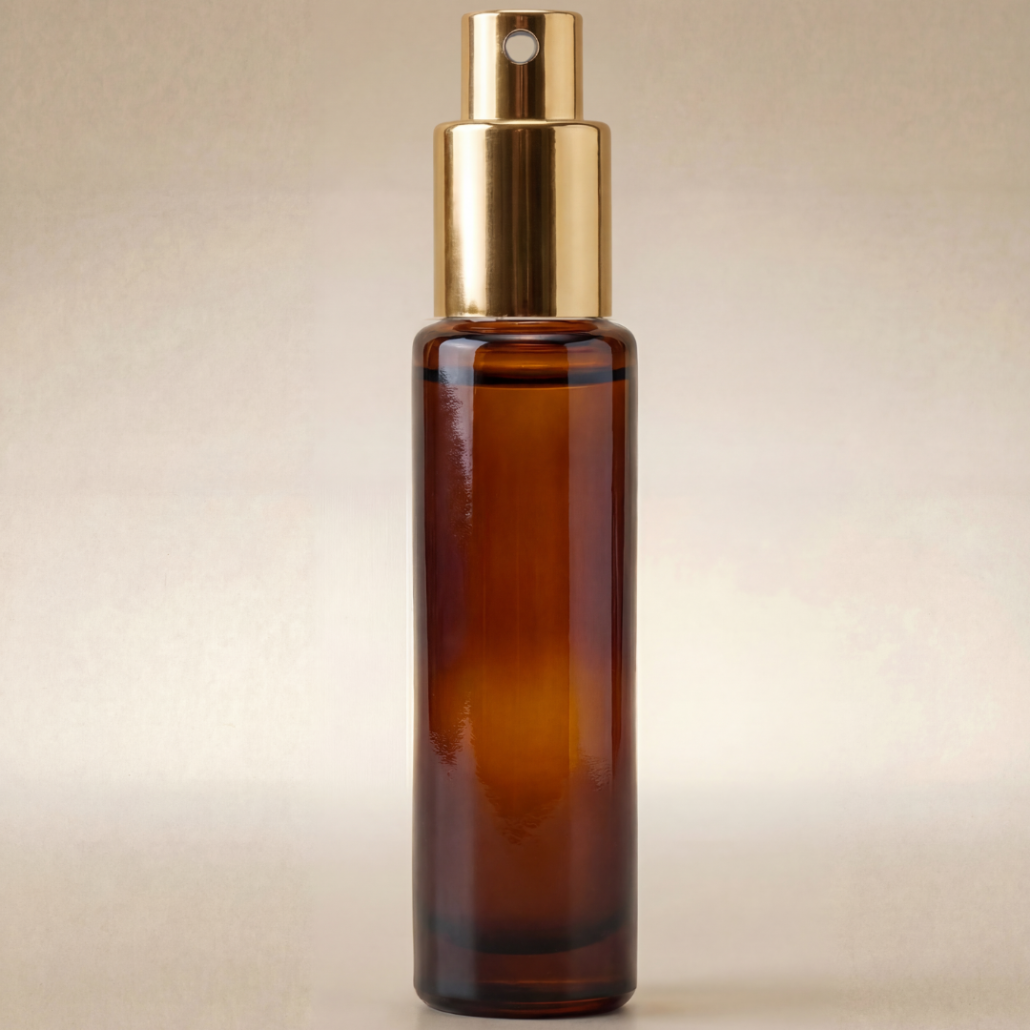 Brown glass spray bottle with gold cap on a beige background