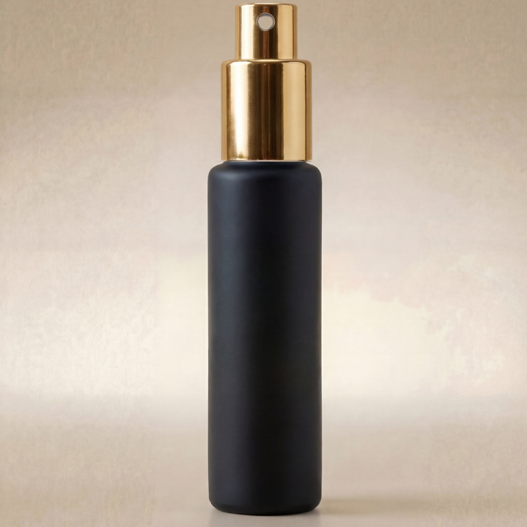 Black spray bottle with gold top on a beige background