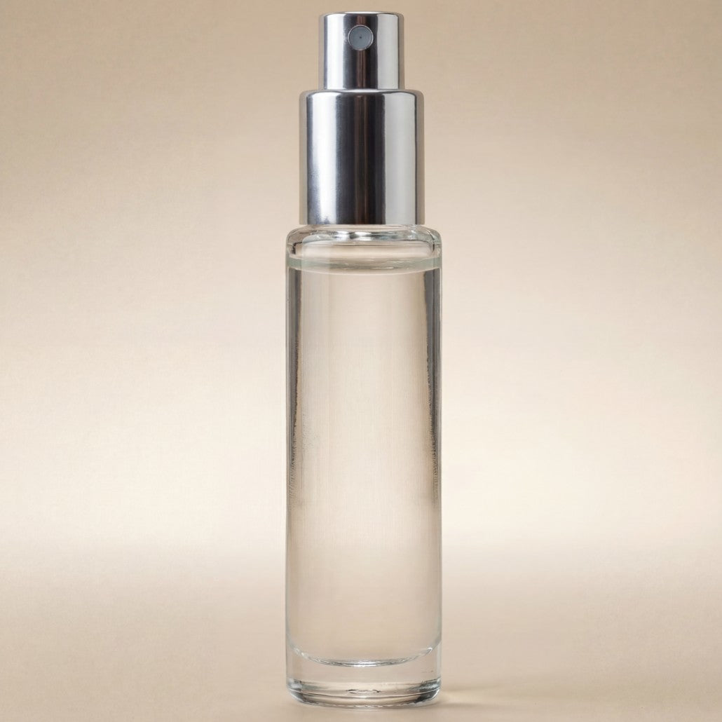 Clear glass spray bottle with silver nozzle on a beige background