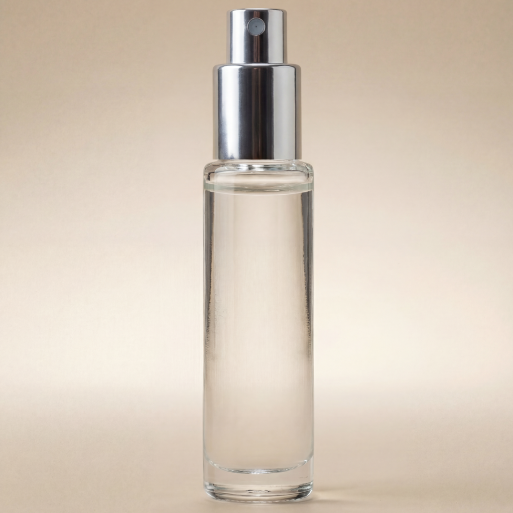 Clear glass spray bottle with silver nozzle on a beige background